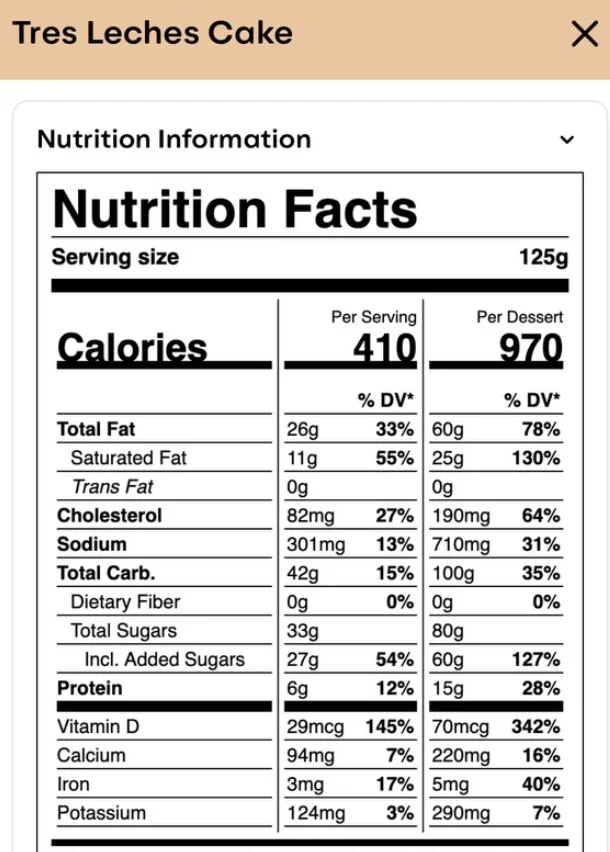 nutritional info of the original Tres Leches Cake