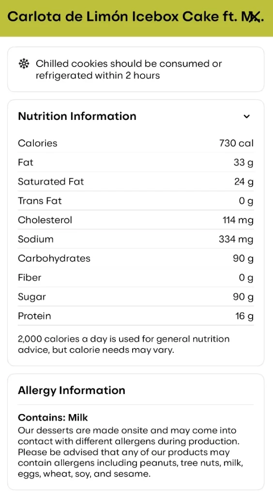 nutrition facts for the Carloa de Limon Icebox Cake